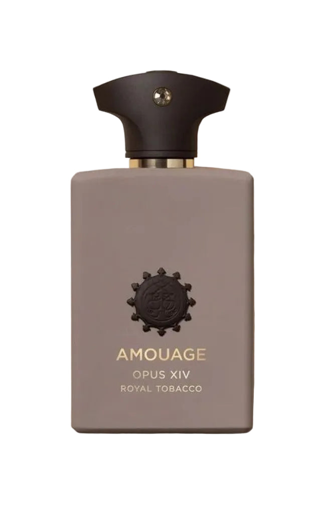 Amouage Opus XIV Royal Tobacco perfume bottle in a matte taupe-gray color with a black cap and gold lettering, set against a warm beige background.
